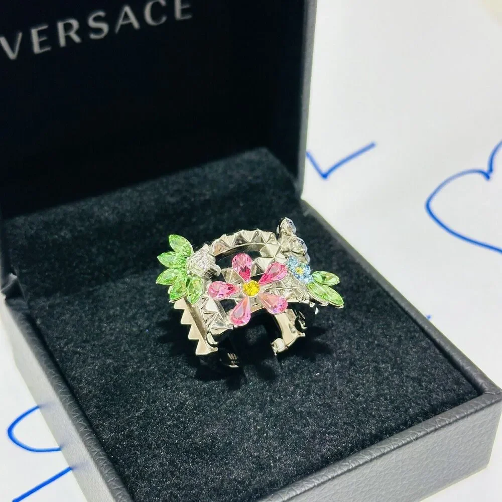 NIB Versace Multicolor Crystal Flower Bloom Ring Silver Tone IT 15 US 7 $675
